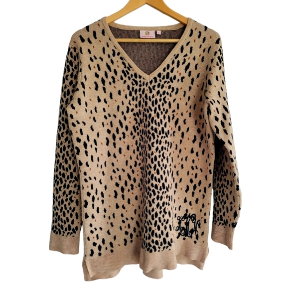 Marley Lilly Leopard Print V Neck Tunic Sweater Monogrammed Size Large - Picture 1 of 5